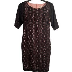 Sophia Christina Dress Womens Size 10 Black Lace Pink Satin Pencil Short Sleeve